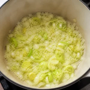 Gehackte Zwiebel und geschnittener Lauch werden in Butter weich