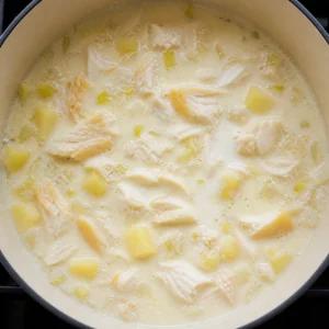 Gezupfter geräucherter Schellfisch und Sahne werden in die Kartoffelsuppe gerührt