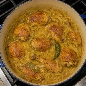 Browned chicken nestled in onion sauce with a whole chile