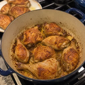 Chicken pieces browning in a Dutch oven