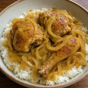 Finished yassa chicken and onions served over white rice