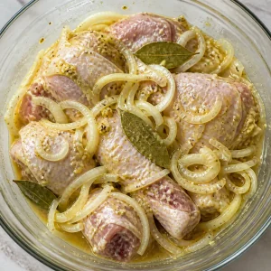 Raw chicken and sliced onions coated with lemon mustard marinade