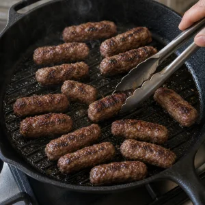 Cevapi rumienia sie na patelni grillowej i sa obracane szczypcami