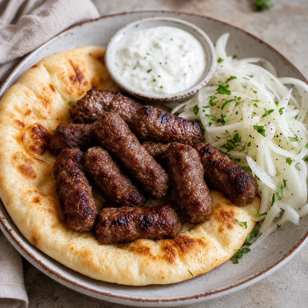 Grillowane cevapi na placku z surowa cebula i sosem jogurtowym