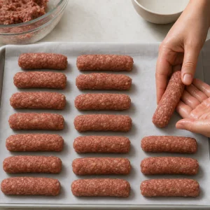 Surowe cevapi uformowane w krotkie kielbaski na blasze