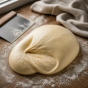 Elastic bread dough stretched on a floured wooden table