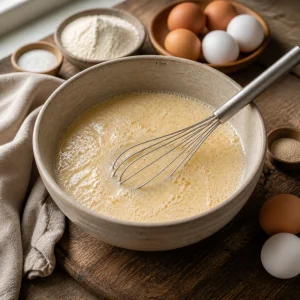Foamy milk and egg mixture whisked in a ceramic bowl