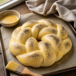 Glossy egg-washed pogaca dough sprinkled with sesame and poppy seeds