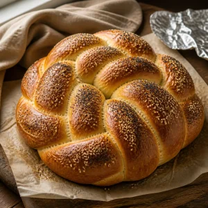 Golden baked braided pogaca loaf on parchment