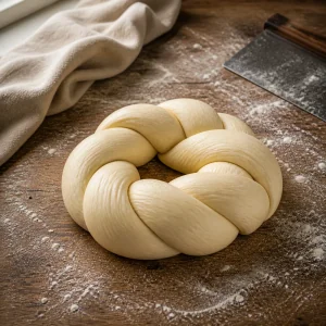 Pale braided pogaca dough shaped into a round loaf