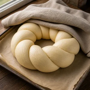 Puffy unbaked braided pogaca loaf under a linen towel