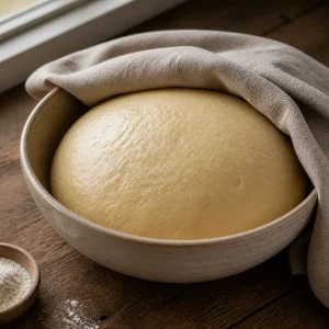 Risen smooth dough ball in a bowl under a linen towel