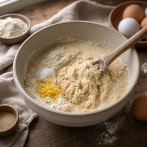 Shaggy pogaca dough with lemon zest forming in a bowl