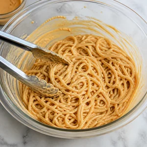 Kalte Nudeln mit cremigem Sesamdressing überzogen