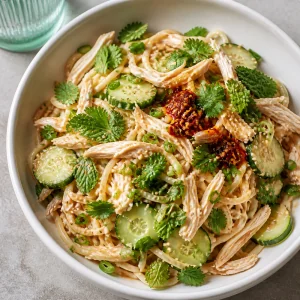 Finished sesame chicken cucumber noodle salad in a serving bowl