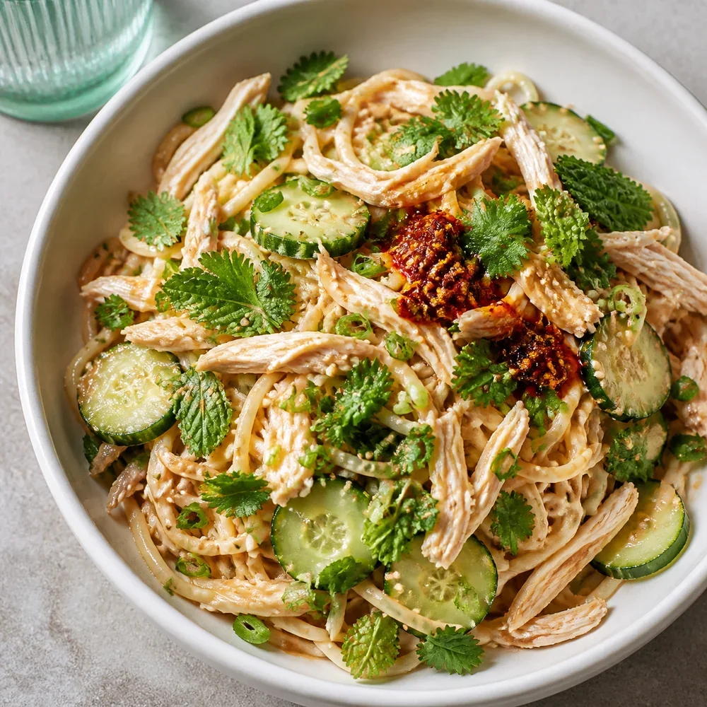 Fertiger Nudelsalat mit Hähnchen, Gurke und Sesam in einer Schüssel