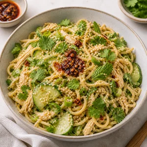 Servierschüssel mit Sesam-Hähnchen-Nudelsalat, Sesam und Chili-Crisp