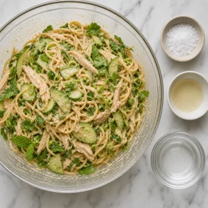 Sesam-Nudelsalat mit Salz, Essig und Wasser zum Abschmecken