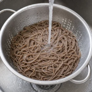 Gekochte Soba werden in einem Sieb abgespült