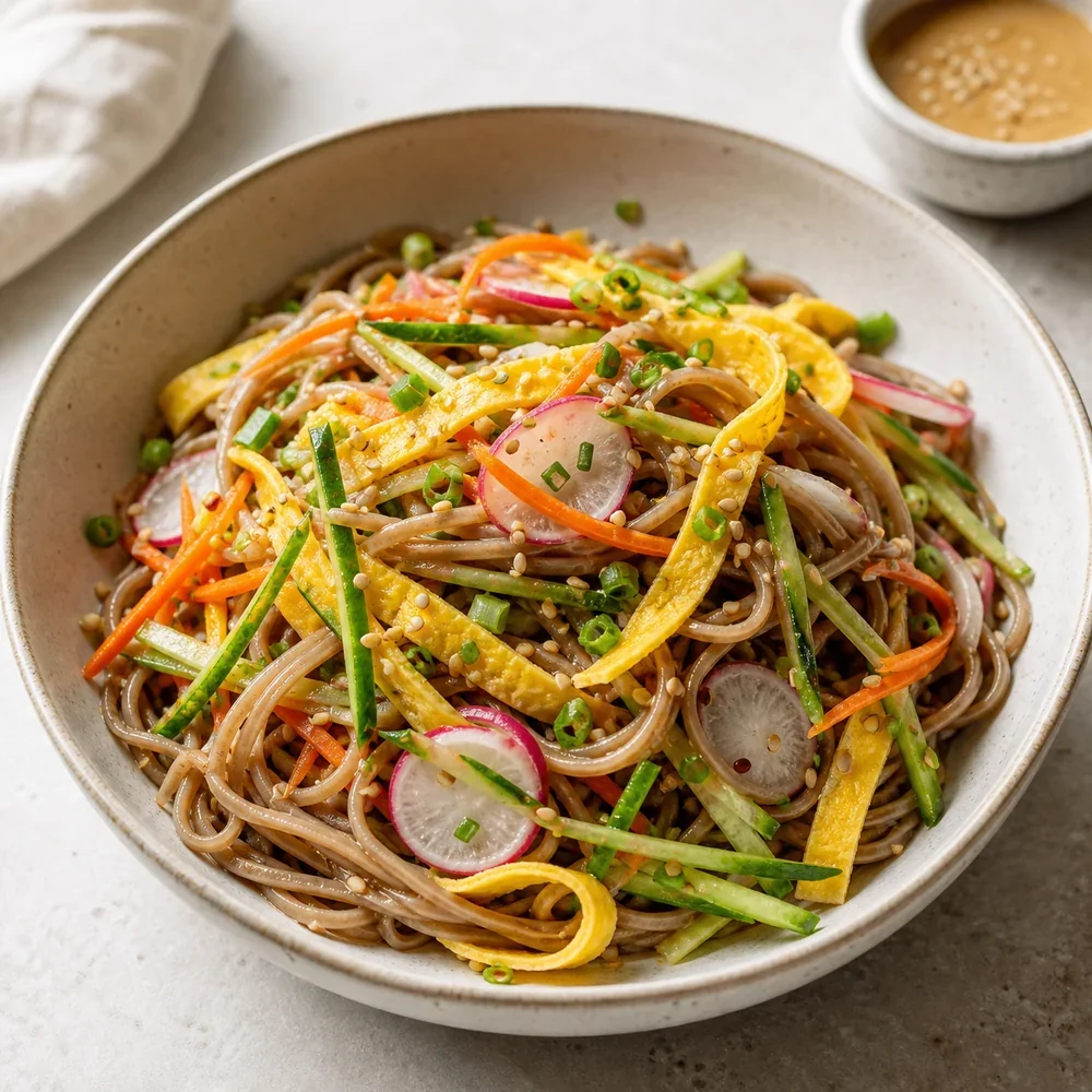 Fertiger Soba-Salat mit Omelettstreifen und Gemüse