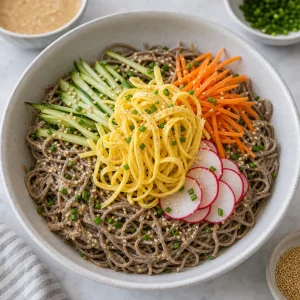 Soba-Salat mit Omelettstreifen und Gemüse
