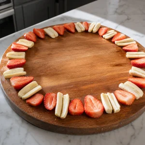 Morceaux de banane et demi-fraises disposés autour d’un plateau de service vide