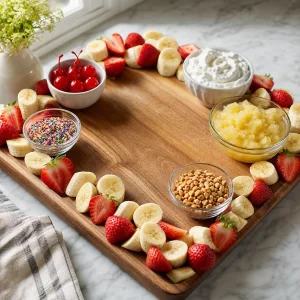 Bols de garnitures sur un plateau bordé de fruits avec le centre laissé libre