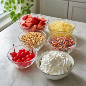 Bols de fraises, ananas, cacahuètes, vermicelles, cerises et chantilly