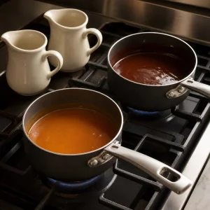 Sauces au chocolat et au caramel réchauffées séparément dans deux casseroles