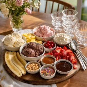 Plateau de banana split complet prêt à servir avec coupes et longues cuillères