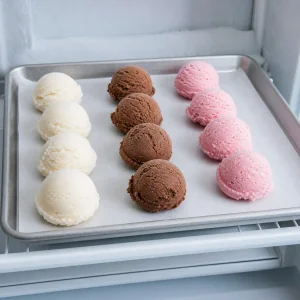 Boules de glace raffermies en rangées séparées sur une plaque au congélateur