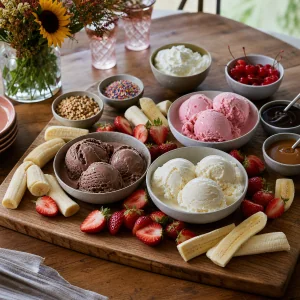 Shareable banana split board with three ice cream flavors, fruit, sauces, whipped cream, nuts, sprinkles, and cherries