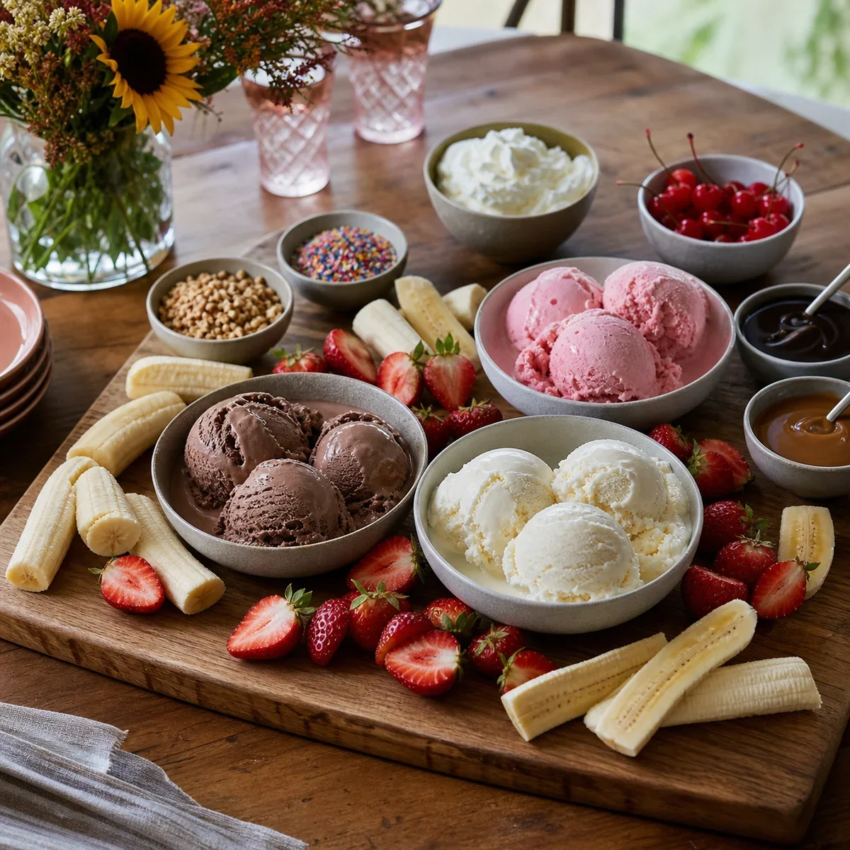 Plateau de banana split avec trois parfums de glace, fruits, sauces, chantilly, cacahuètes, vermicelles et cerises
