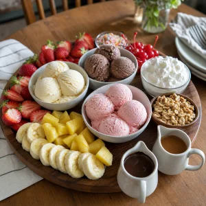 Trois coupes de glace au centre du plateau de banana split avec les sauces à côté