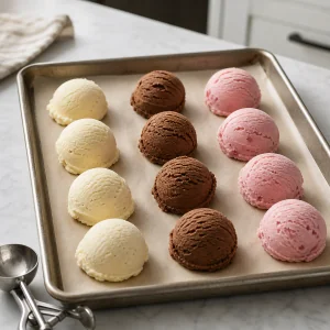 Boules de glace vanille, chocolat et fraise alignées sur une plaque chemisée de papier cuisson
