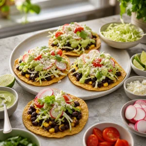 Assembled black bean tostadas with colorful toppings