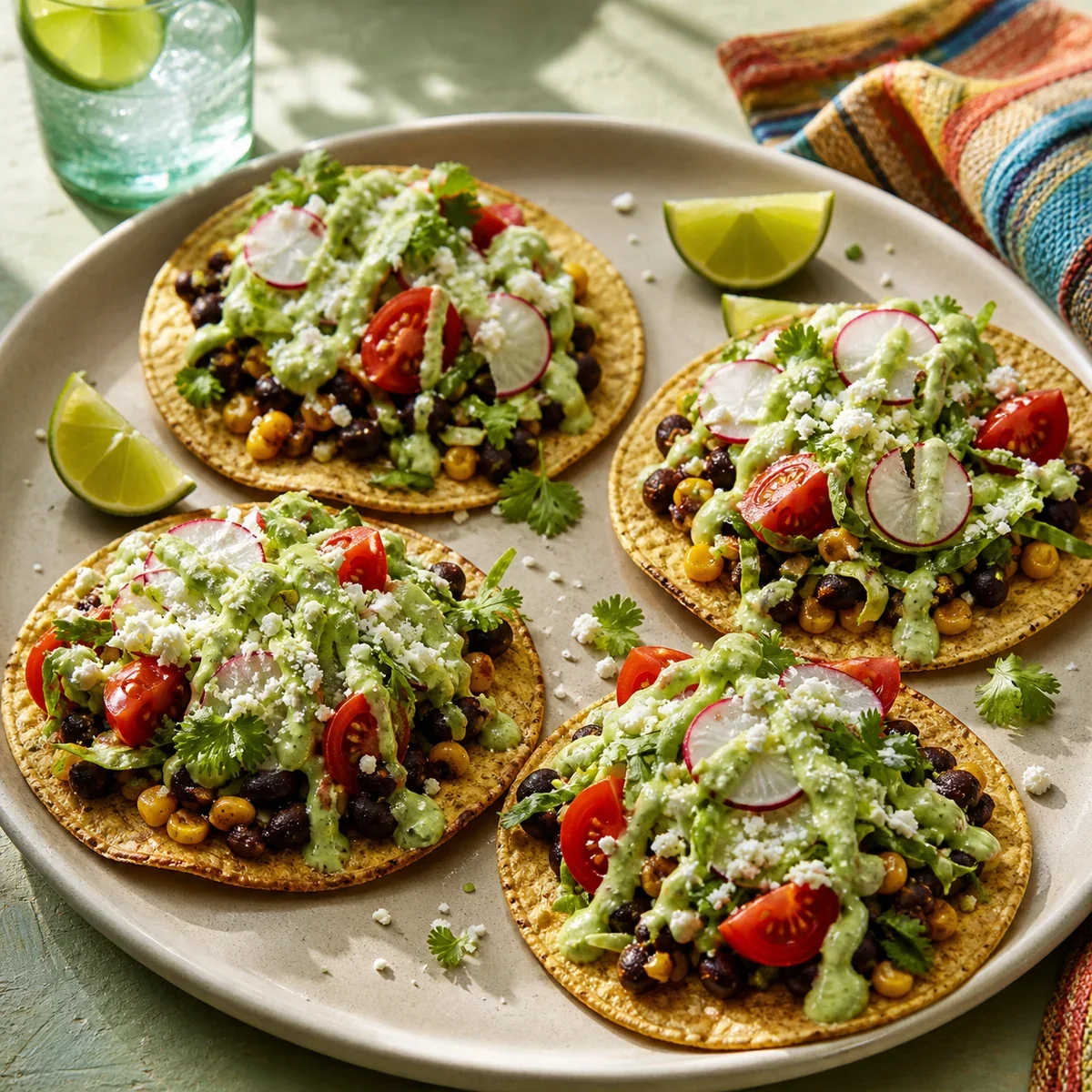 Black bean tostadas with avocado crema and fresh vegetables