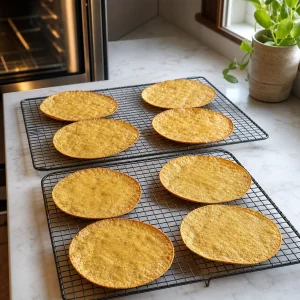 Crisp baked tostada shells cooling on wire racks