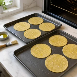 Oiled corn tortillas arranged on two sheet pans