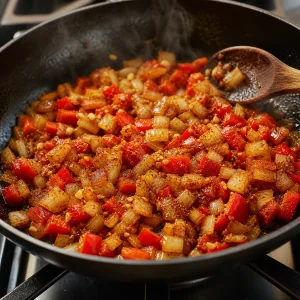 Seasoned onion and red pepper sautéing in a skillet