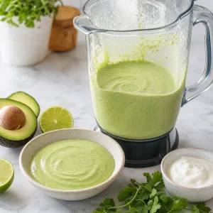 Smooth avocado-lime crema in a blender and bowl