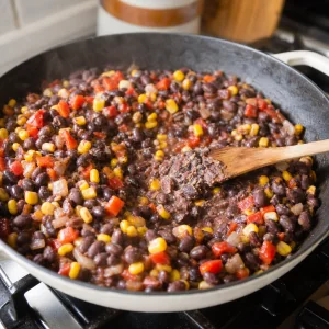 Thick black bean and corn mixture in a skillet