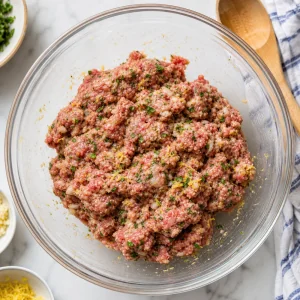 Beef and lamb meatball mixture with herbs in a bowl