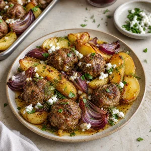 Finished Greek meatballs with lemon potatoes, feta, and herbs