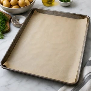 Parchment-lined sheet pan ready for the potatoes