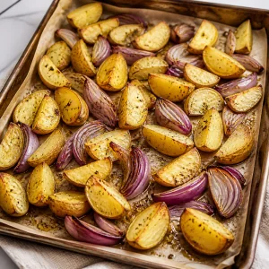 Partly roasted potatoes and red onion beginning to brown