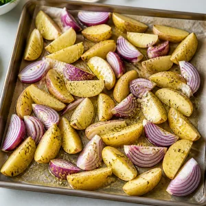 Potato and red onion wedges seasoned on a sheet pan
