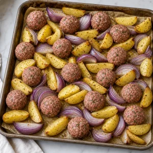 Raw meatballs nestled among partly roasted potatoes