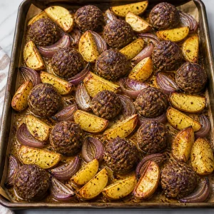 Roasted meatballs and crisp potatoes before garnish