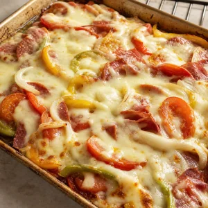 Melted bubbly provolone over roasted Italian sub filling on a sheet pan